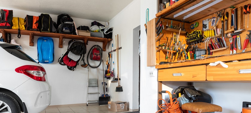 power tools stored in a garage